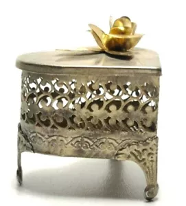 Vintage Herzform Valentinstag Metall Spitze Filigran Silber Chrom Schmuckschatulle - Bild 1 von 3