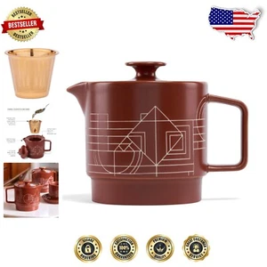 20 oz Terra Stoneware Teapot with Gold Infuser - Inspired by Frank Lloyd Wright - Picture 1 of 10