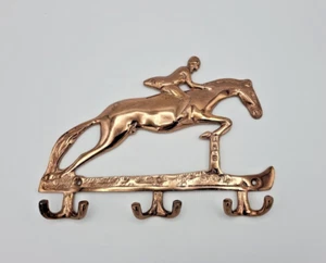Vintage Rustic Brass Copper Horse Steeplechase Jockey Key Holder, Six Hooks - Picture 1 of 5