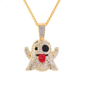 Iced Out Ghost Emoji Gold Silver Plated Pendant 20" Cuban Chain Necklace CP 1738 - Picture 1 of 13