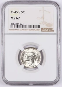 1945-S Jefferson Silver War Nickel 5C NGC MS67 Bright White! - Picture 1 of 2