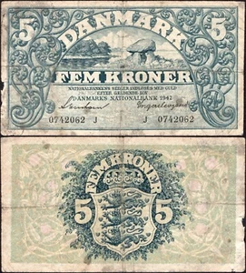 5 Kroner 1942 - Prefix J - Series: 0742062 - Denmark - Pick: 30h  -"G" - C42 - Picture 1 of 4