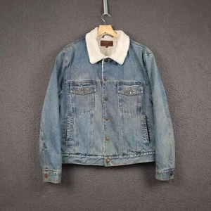 Giacca vintage WRANGLER uomo XL blu denim sherpa camionista foderata stone wash - Foto 1 di 10