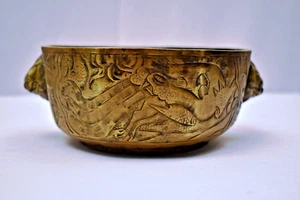 Antique Chinese Bronze Bowl Engraved Dragon Motif & Animal Head Handles 19th Cen - Picture 1 of 14