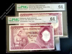 2 consecutively S/N Indonesia 5000 Rupiah 1958 Pick#64 Choice UNC PMG 64 - Picture 1 of 3