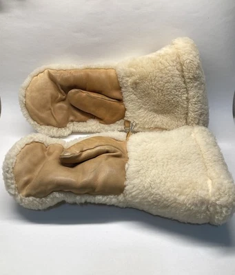 Vintage Buck Skin Leather Wool Gloves Inuit Natural Fur Trapper Old West Mittens - Image 1 of 4