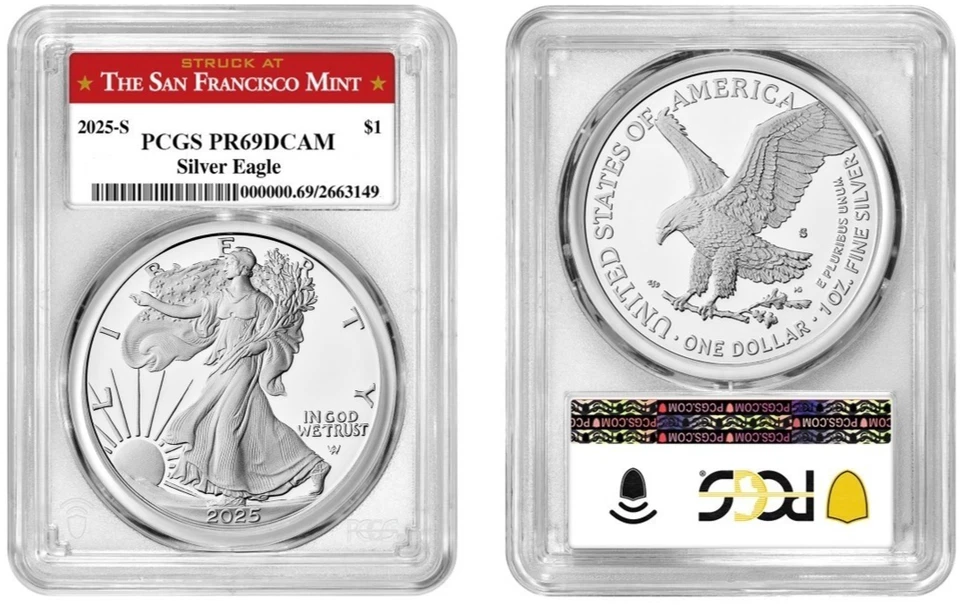 2025 S Silver American Eagle Dollar $1 PCGS PR69DCAM #98 - Image 1 of 1