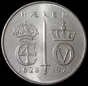 Norway 5 Kroner 1978 Olav V 350th Anniversary of Norwegian Army Coin WCA A442 - Picture 1 of 3
