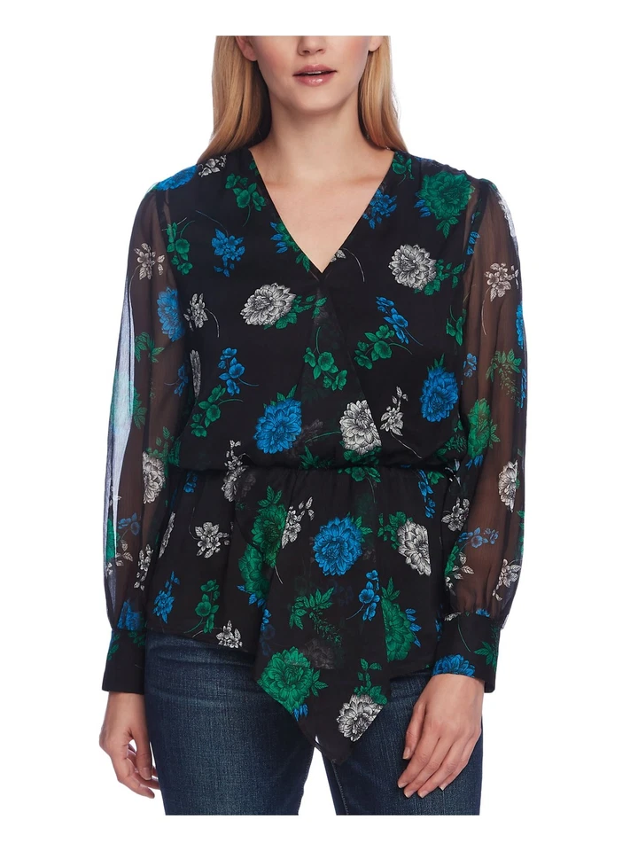 Vince Camuto Womens Floral Long Sleeve JEWEL Neck Top Black Size XS