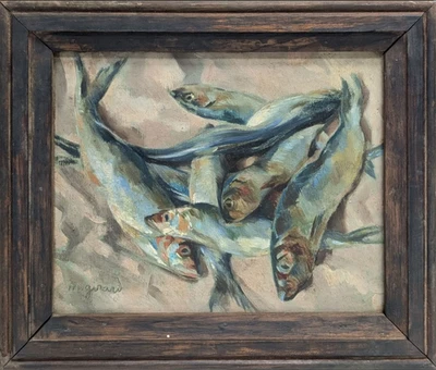 Nature morte SARDINES tableau peinture GIRARD marine mer poissons pêche BRETAGNE - Photo 1/4
