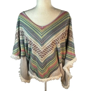 Billabong Poncho Womens S/M Southwestern Multi-Colored Stripes Fringe Oversized - Picture 1 of 14