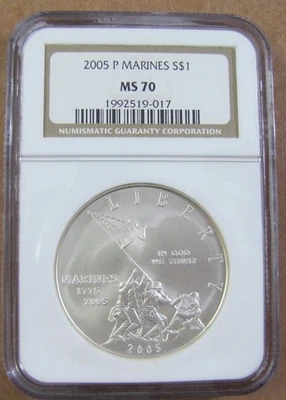 2005 Marine Corp Commemorative Silver Dollar - NCG MS70 - Free Shipping - Image 1 of 2