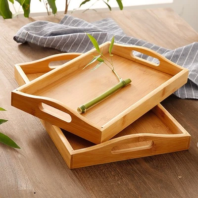 Bamboo Set of 3 Rectangular Serving Tray Wood Breakfast Food Drinks Wooden Trays - Image 1 of 4