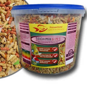 Teich-Mix 6in1 Eimer 3 Liter 600g Flocken Pellets Koifutter Sticks Gammarus Koi - Bild 1 von 1