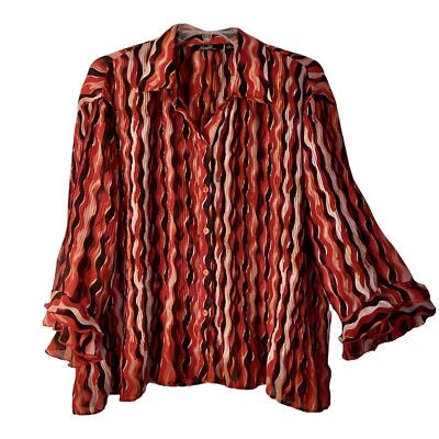 Essentials 1X Blouse Collar Lightweight Chiffon Button-Up 3/4 Ruffle Sleeves ￼ - Image 1 of 4