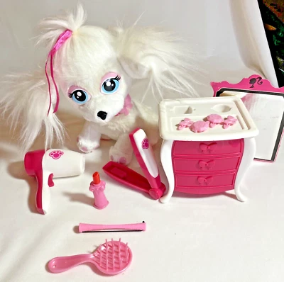 White BARBIE PuppyDog Plush w/Pink Collar & Bow Stuffed Toy 8-9” 2010 Mattel - Image 1 of 4