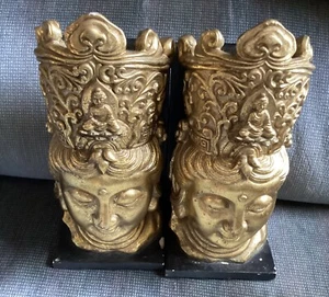 Oriental Chinese Japanese Gold Book Ends 10” Face and Crown Wood Resin - Picture 1 of 6