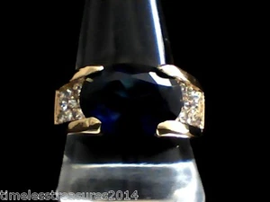 Masculine! Blue Sapphire & Austrian Crystals in 14Kt. Yellow Gold Filled Size 10 - Picture 1 of 4