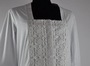 NWT Nara Camicie Size V White Button Up 3/4 Sleeve Blouse Top Floral Trim Square - Picture 1 of 12