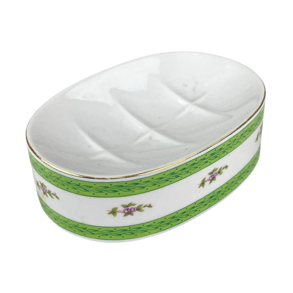 Soporte de jabón pintado a mano Lefton China 5" X 4" X 1 3/4" floral verde y dorado Foto 1 de 4