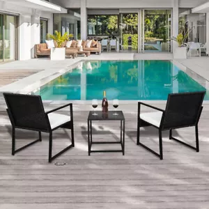 US 3Pcs Outdoor Patio Wicker Conversation Pool Set with 2Chairs &Table &Cushions - Picture 1 of 12