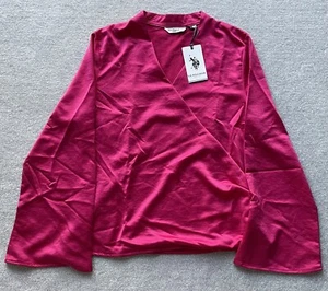 U.S. Polo Assn Women’s Bright Rose Blouse Wrap Satin Blouse Top Shirt Large NWT - Picture 1 of 14