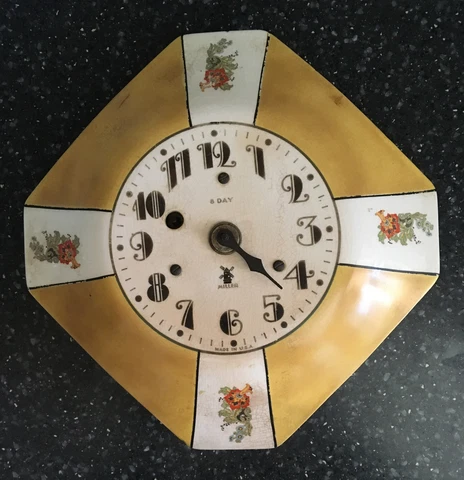Vintage Miller Yellow Kitchen Wall Clock Dresden Ceramic 8 day with Flowers Cover