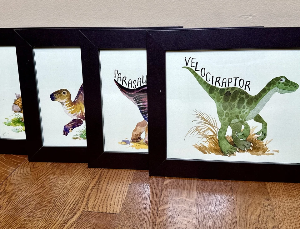 4 件套框架水彩恐龙艺术版画 8x10;墙面艺术;儿童房 — 第 1/4 张图片