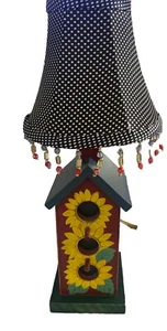 Bird House Wood Lamp Green Red Yellow Small Sunflowers & Shade Beads & Dots - Picture 1 of 15