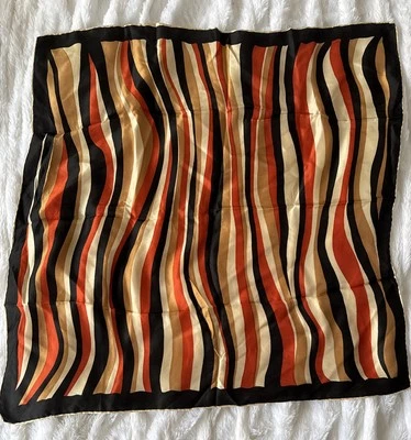 复古无品牌丝绸围巾条纹黑色棕褐色 26 英寸 x 26 英寸 ~ 手工卷边缝制下摆 — 第 1/4 张图片