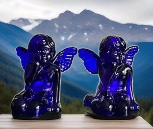 VTG Set Of 2 Depression Era Cobalt Blue Angel Candle Holder Hand Blown - Picture 1 of 7