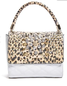 NWT Guess Leo Stud Flap Crossbody Handbag Animal print White Brown Embelished - Picture 1 of 5