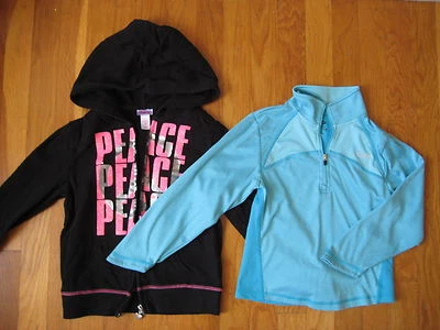 Lot 2 girls SWEATSHIRTS Justice black peace hoodie 6 Champion blue 4 5 jacket - Image 1 of 3