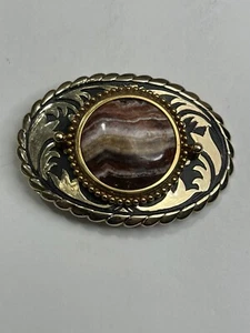 Vtg Western Buckles Gold Tone Metal Belt Buckle Large Polished Stone Agate ? - Picture 1 of 21