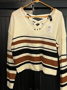Windsor Beige Striped  Ribbed Open Knot Back V-Neck Sweater Women's Size Large - Picture 1 of 4