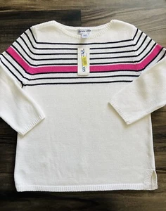 NWT $74 Pendleton Sweater Womens Sz M White Blue Striped 3/4 Sleeve Cotton Top - Picture 1 of 14