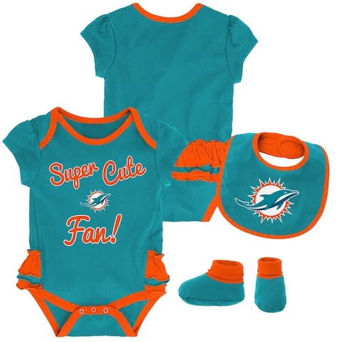 Miami Dolphins NFL Baby Girl Mini Trifecta Bodysuit, Bib & Booties Set 6/9 Month Cover