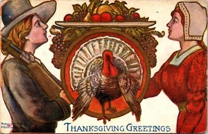 Postal de Acción de Gracias Pavo Peregrinos Dorada Firmada Robbins Winsch Back 1908 - Imagen 1 de 2