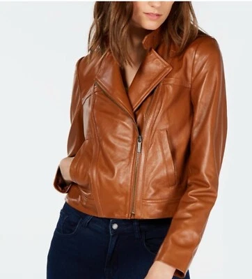 MICHAEL KORS Jacket 100% lambskin Leather Asymmetric Zip Brown luggage NWT - Image 1 of 4