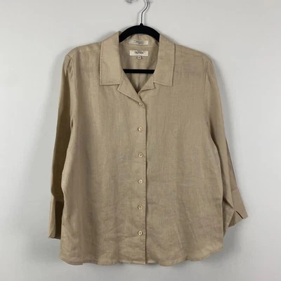 Camisa con botones de lino faconnable talla XL beige tostado mangas 3/4 cuello Foto 1 de 4