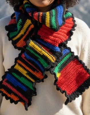 🧣🌈 Bold Primary Color Crochet Scarf with Black Ruffle Trim • 8x64 • Handmade - Image 1 of 4