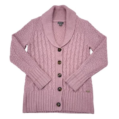 Cárdigan suéter Eddie Bauer para mujer talla pequeña rosa mezcla de lana de cordero tejido con cable Foto 1 de 4