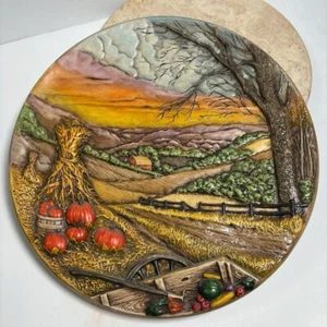 VINTAGE 1972 BYRON MOLD 3-D FALL AUTUMN BARN FARM SCENE 13" PLATE HAND PAINTED - Picture 1 of 10