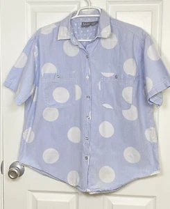 Vintage 80s Top LARGE Blue & White Huge Polka Dots Button Up Women’s Cotton - Picture 1 of 7