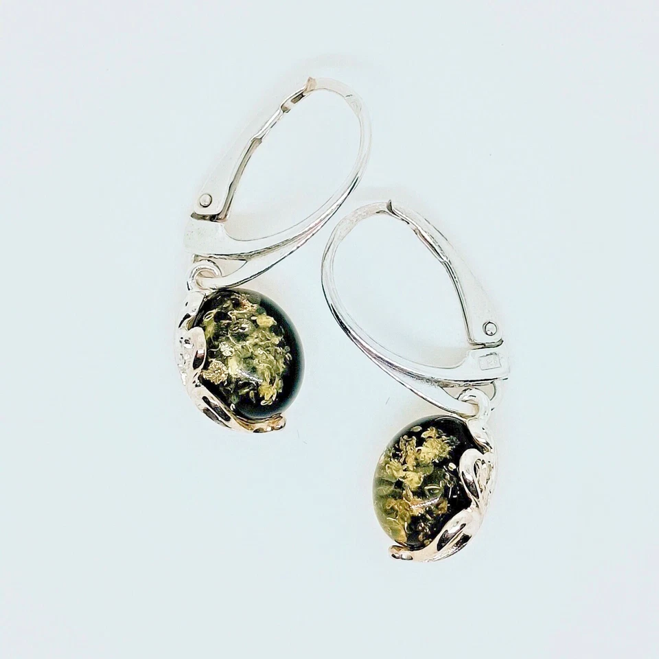 Ohrringe mit baltischem, grünem Bernstein, 925 Silber, handgefertigt & massiv - Bild 1 von 4