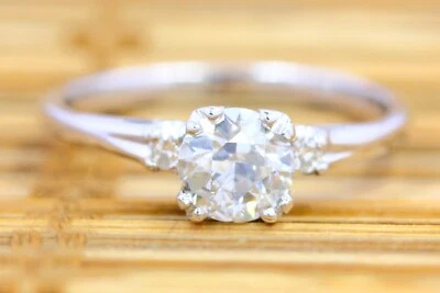 0.95 CT Natural Diamond Old European Cut  Retro Three Stone Ring 14K White Gold - Image 1 of 4