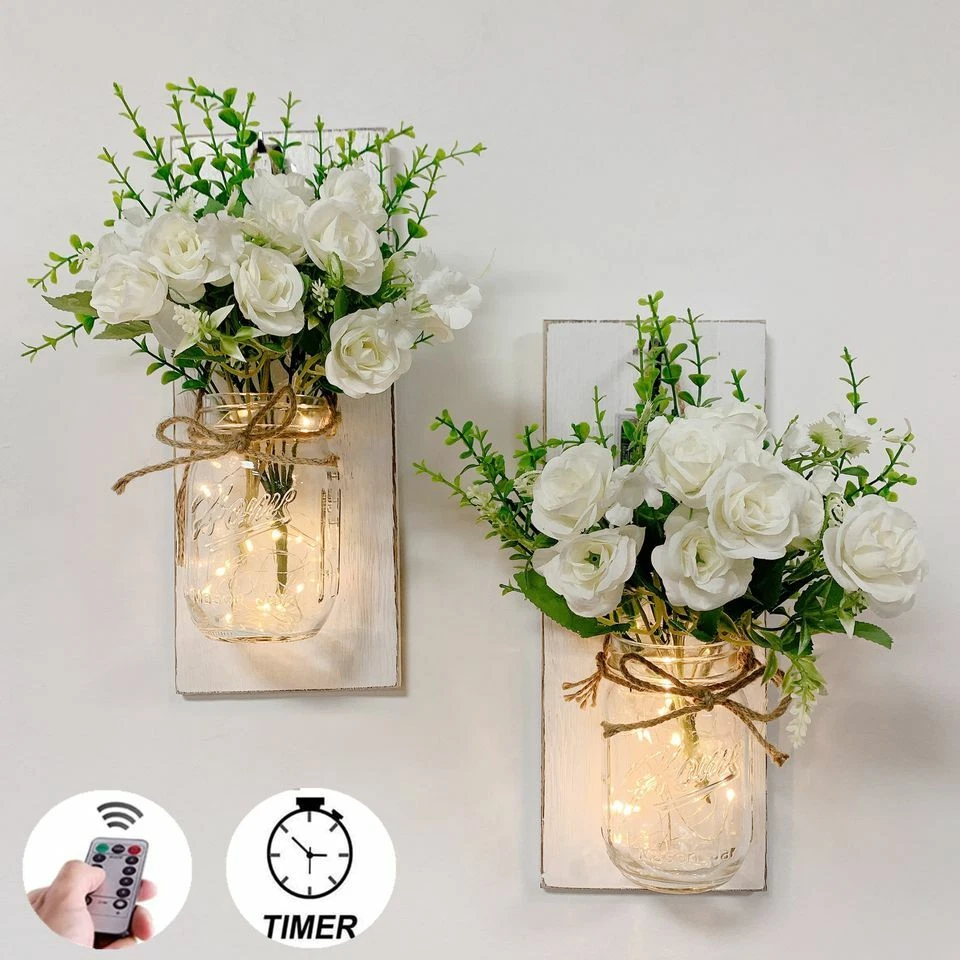 Set of 2 - Rustic Wall Sconces - with Flowers, Mason Jars, LED Lights, Remote - Image 1 of 4