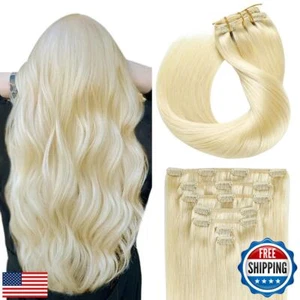 SUYYA Clip in Hair Extensions Real Human Hair 18 inch 120g 7pcs Platinum Blon - Picture 1 of 5