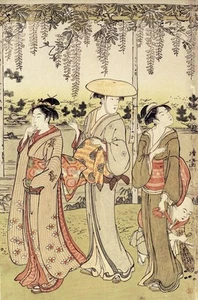 KIYONAGA, ""Tres mujeres viendo glicinias en Kamedo", imagen 22""h x 14,5", digital - Imagen 1 de 1