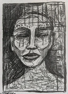 ACEO Original Pencil Drawing Woman Portrait Face Dark Art Unframed Signed OOAK - Image 1 of 2